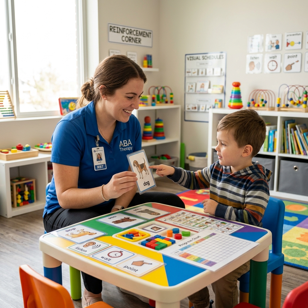 An RBT therapist working one-on-one with a child at a colorful table using flashcards